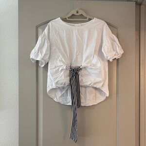 White Puff Sleeve Top with Striped Tie